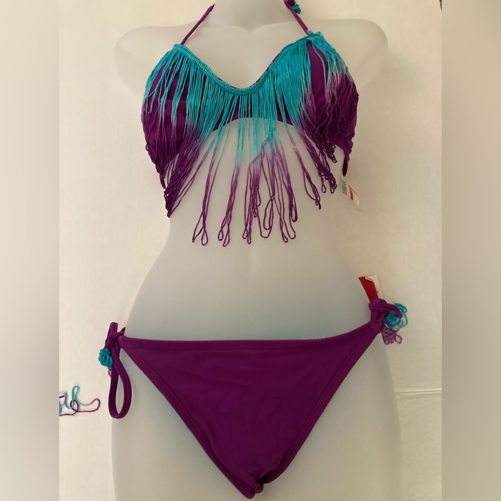 *Bikini Lab New Purple and Turquoise Triangle Top with Fringe & Purple Bottoms